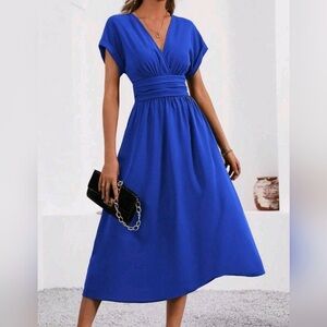 New Chic Ruched Waist Wrap Top Midi Dress Royal Blue